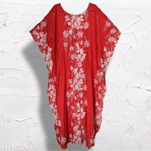Stunning Vintage Pleated Hawaiian Accordion Caftan Dress Bright Red Floral OSFM